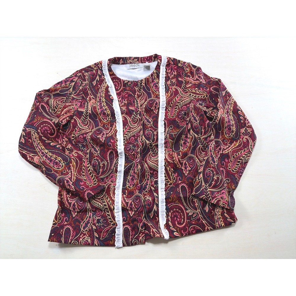 Selene Sport Womens Paisley Ruffle Trim Button Up Blouse Burgundy Vintage ‎ 12